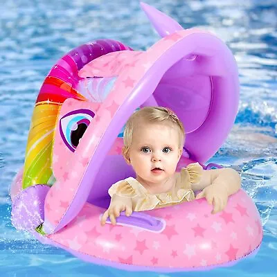 Baby Float Swim Ring Aid Kids Swimming Inflatable Boat Seat With Sun Canopy • £5.99