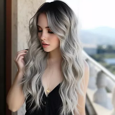 Ombre Silver Long Gray Wig Middle Part Wavy Cosplay Wig Synthetic For Women • $16.99