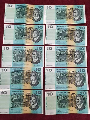 Ten Consecutive $10 Australian Paper Bank Notes • $240