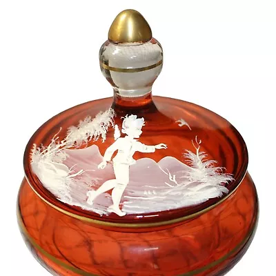 Mary Gregory Vtg Cranberry Covered Candy Dish 6  Round X 6  Tall Boy Bird • $64.98