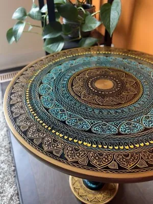 Handmade Paisley Design Artistic Wooden Side Table/End Table Turquoise Sunburst • $124.99