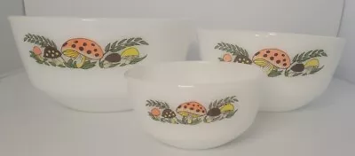 Merry Mushroom Nesting Mixing Bowls Fire King Anchor Hocking Set Of 3 *READ* • $450