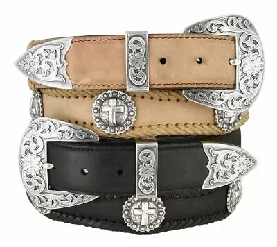 Men's Western Scallop Belt Silver Cross Conchos Genuine Leather Cowboy Belt • $44.95