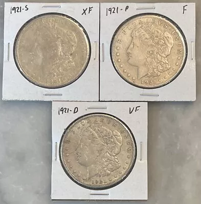Lot Of (1) 1921-S (1) 1921-P (1) 1921-D Morgan Dollar - F - XF - 90% Silver • $99.95