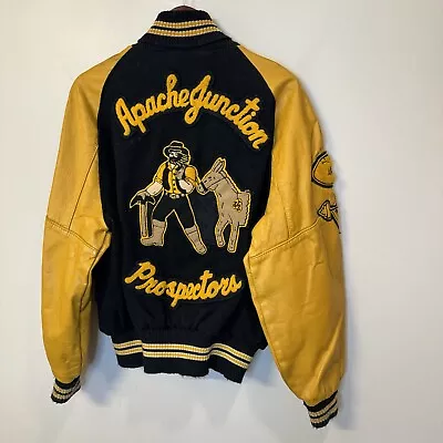 Vtg 90s Letterman Size XL Black Gold Yellow Wool Leather Patches Cowboy Western • $89.96