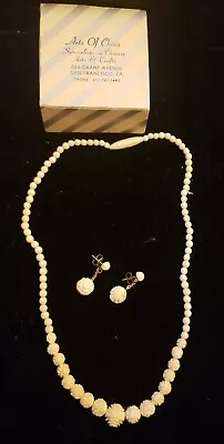 Vintage Carved Rose Bead Necklace 17” + Earrings Arts China San Fran Calif. • $39.95