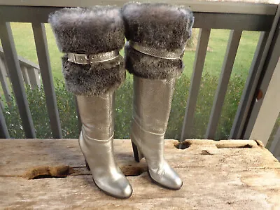 Michael Kors Women's  Size 7 Metallic Silver Leather & Faux Fur Boots Very Nice • $50