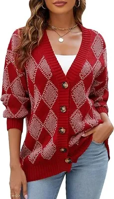 Women's Cardigan Sweater - Red Argyle Plaid - Long Sleeve Button Down XXL - New • $30