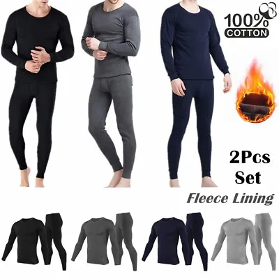 Mens Winter 100% Cotton Fleece Lined Thermal Long Johns Warm Underwear 2Pcs Set • $13.98