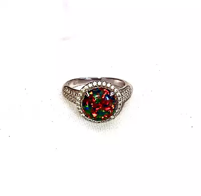 Vintage Black Fire Opal CZ Sterling Silver Cocktail Engagement Ring Size 7.25 • $45