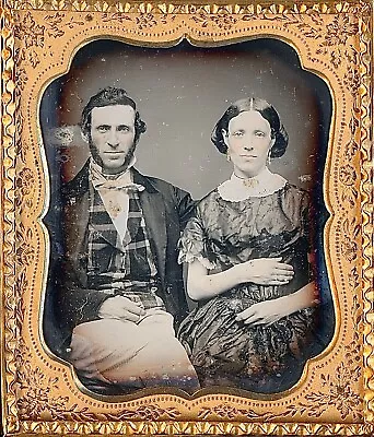 Attractive Young Couple Sideburns Plaid Vest Tinted 1/6 Plate Daguerreotype S854 • $165