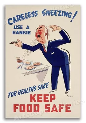 1940s Keep Food Safe Don't Sneeze!  Vintage Health Poster - 20x30 • $18.95