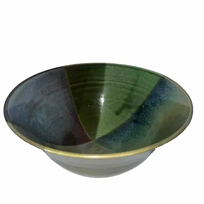Art Pottery Ceramic Serving Bowl Artist Signed Vintage 1984 Green Blue 4.5x 9.5” • $18.88