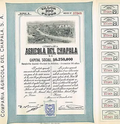 MEXICO CHAPALA AGRICULTURE COMPANY BOND Stock Certificate 1911 W/COUPONS  • $39.99