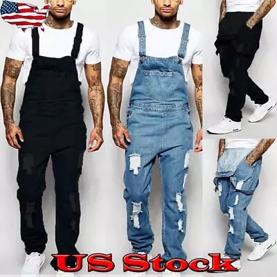 Mens Denim Dungaree Overalls Pants Jeans Trousers Bib Ripped Cargo Work Jumpsuit • $37.53