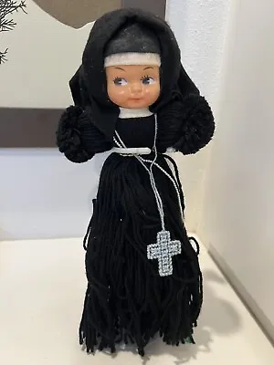 Vintage Yarn Doll Nun Sister Black Habit Catholic Rosary Crucifix • $25.50