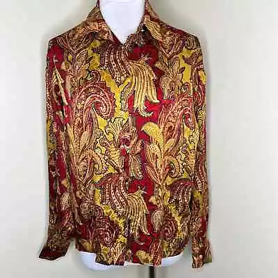 Vintage Designer 100% Silk Top 8 Victorian Long Sleeve Luxury Gold Red Italy  • $49.99