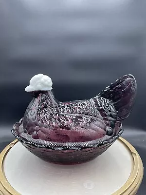 Large 9” Vintage Fenton Purple Amethyst Glass Hen On Nest White Milk Glass Head • $69.99