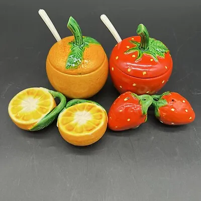 Vintage Japan Fruit Jelly Condiment Jars Caddy Holder Strawberry Orange Set • $18