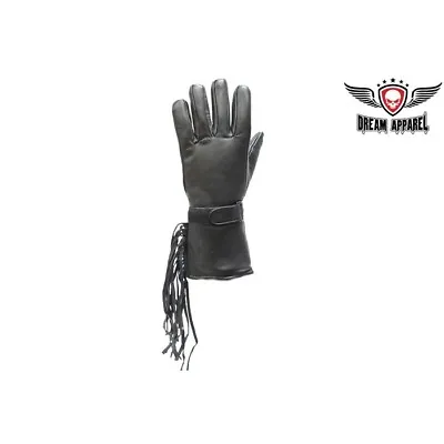 Leather Motorcycle Gauntlet Gloves With Fringes - Free Shipping • $21.95