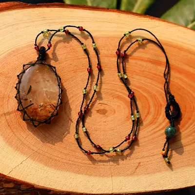 Handmade Natural Golden Rutilated Quartz Bohemian Micro Macrame Crystal Necklace • $15.95