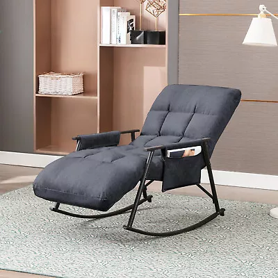 Upholstered Rocking Chair With Adjustable High Back Safe Metal Base & Side Pock • $145.99