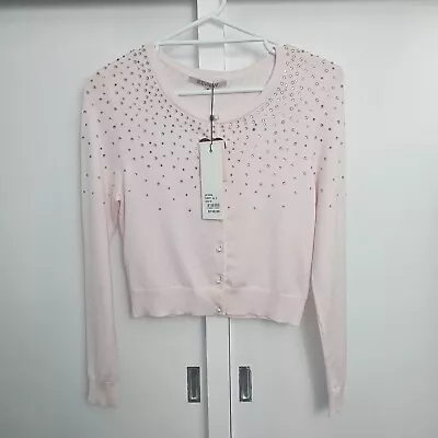 Review Lucky Star Pink Cardigan Cropped Long Sleeve-Missing Jewels-BNWT-Size 10 • $29.99