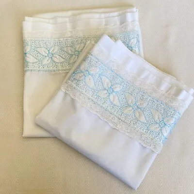 Vintage White Pillowcase Set 2 Standard Embroidery Blue Floral No Iron Lace READ • $14