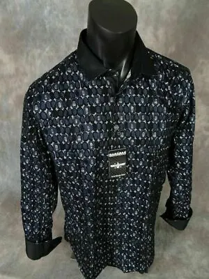 Mens BARABAS Shirt Grey Shade Dots Black Velvet Pin Stripes Slim Fit Button • $17.99