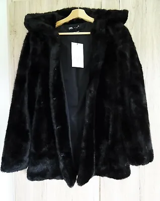 Zara Black Faux Fur Coat With Hood Size Xs Uk 6/8 • $82.09