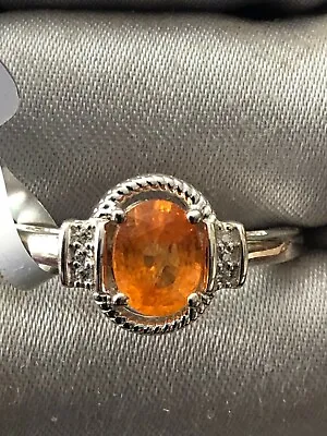 Mandarin Garnet & White Zircon Sterling Silver Ring Size 8 • $42