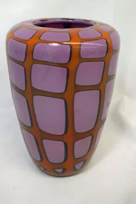 Vintage Blown Patchwork Art Glass Vase Purple Orange Murano 8 Inch Unsigned • $199