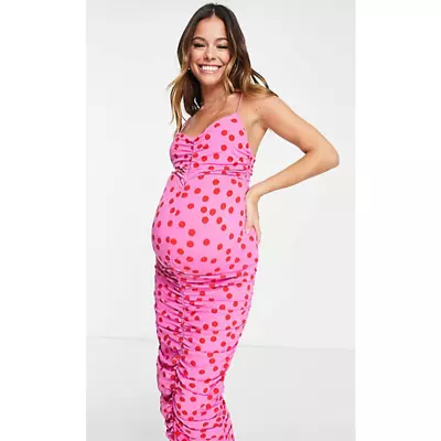 £46.13 • Buy NWT ASOS Maternity V-Neck Bodycon Ruched Polka Dot Midi Dress Pink/ Red