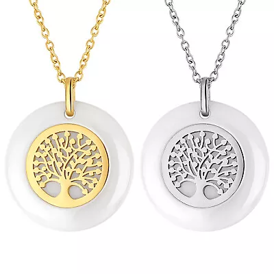 Womens Dainty Stainless Steel Ceramic Round Family Tree Of Life Pendant Necklace • $9.29