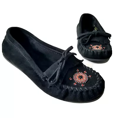 $26.99 • Buy MINNETONKA Me To We Artist Moccasins Loafer Black Suede Beaded Bow Shoes Size 10