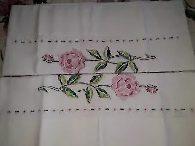 2 Vintage Rose Embroidered Cotton Pillowcases 30  X 21  Never Used • $18.99