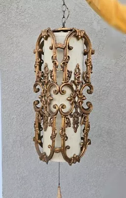 Vintag Rare Hollywood Spanish Revival Hanging Lamp Fixture Gothic Gold MCM Swag • $130