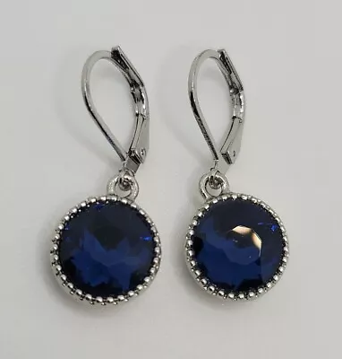 Vtg Monet Deep Blue Elegant Round Fauceted Crystal Dangle Earrings • $14.99