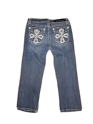 L.A. Idol USA Girls Boot Cut Jeans Cross Rhinestone  Pockets Blue Denim Size 7  • $10