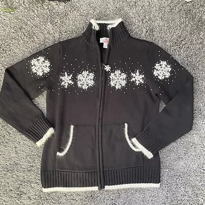 Quacker Factory Sweater Black Knit White Trim Snowflakes Full Zip Cardigan • $10