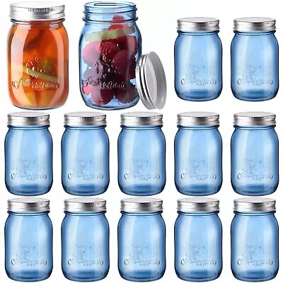 12 Pack Blue Mason Jars With Lids 16 Oz Regular Mouth Pint Vintage Canning Ja... • $62.85