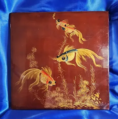 Vintage • Vietnamese Lacquer Painting On Wood • Goldfish Theme • Signed • $18.99