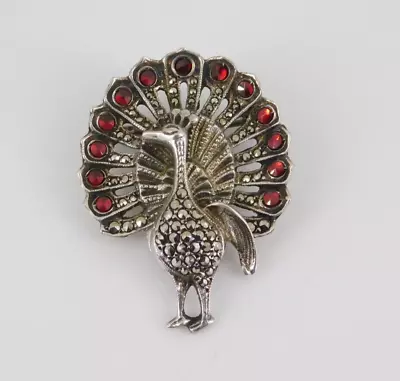 Vintage / Antique 835 Silver Garnet & Marcasite Peacock Pin / Brooch • $34.99