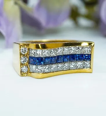 Ceylon Sapphire Diamond 18K Gold Ring Heavy Princess Vintage Estate • $2599