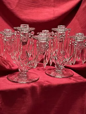 2 -DUNCAN & MILLER  GRANDEE  3 Arm CRYSTAL Candleabra W/ Peg Bobeches & Prisms. • $21