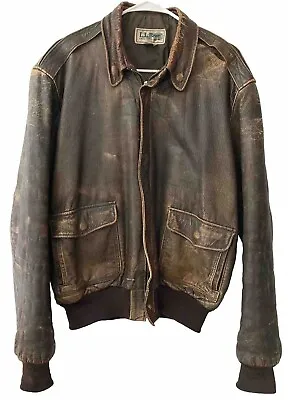 Vintage LL Bean Distressed Leather A-2 Bomber Jacket 42 Long Wool Trim USA Made • $199.97