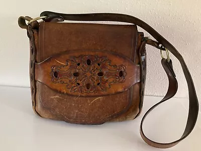 Vintage 70s Leather Shoulder Purse Saddle Bag Brown Heavy Hard Distressed Flap • $54