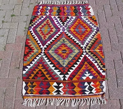 Vintage Turkish Kilim Colorful Small Boho Rug Tribal Nomadic Rug Geometric Kilim • $295