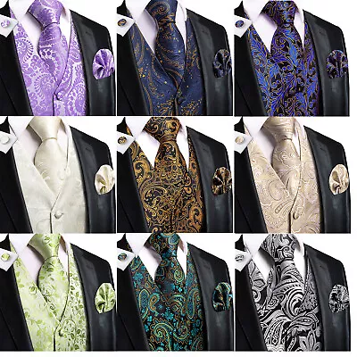 Paisley Floral Silk Mens Waistcoat Tie Pocket Square Cufflinks Set Wedding Party • $51.98