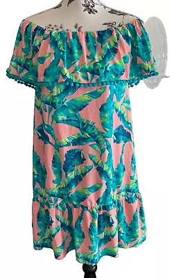 CABANA LIFE Tropical Off Shoulder Pop Pom Dress Size M • $29.99